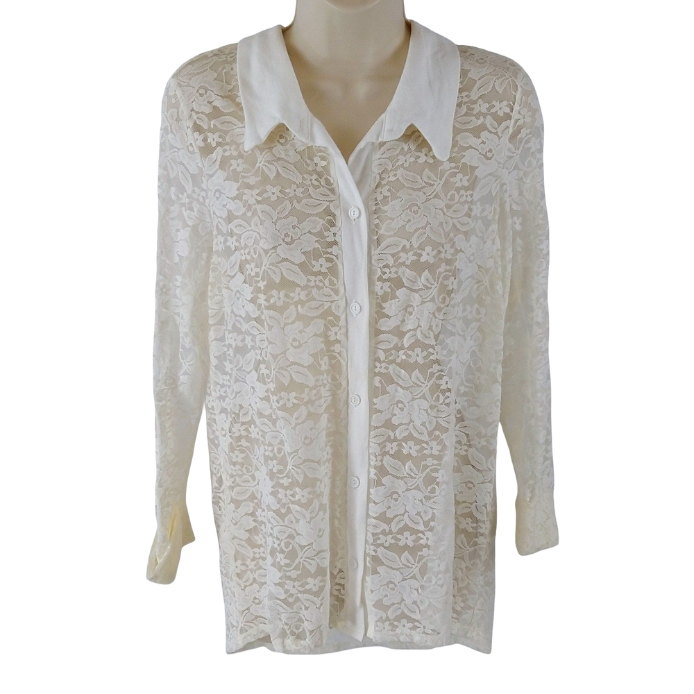Dots Cream Lace High Low Hem Button-Down Shirt
